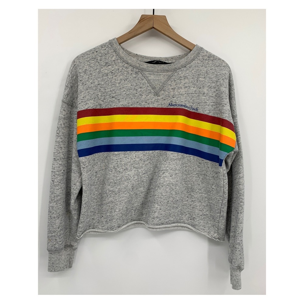 Abercrombie & Fitch Sweater Womens Small Gray Rainbow Stripe Cropped Sweatshirt